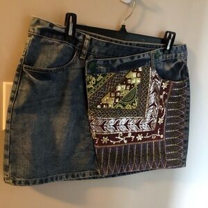 Desigual Beaded and Embroidered Denim Mini Skirt with Patchwork